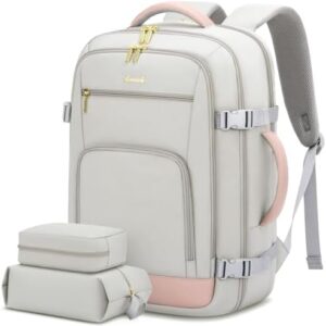 LOVEVOOK Travel Backpack For Women, 40L Carry On Backpack Flight Approved, TSA Personal Item Travel Bag Fits 17 Inch Laptop, Business Weekender Overnight Waterproof Daypack With 2 Cubes, Grey-Pink